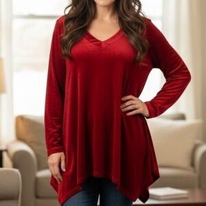 Simply Noelle‎ $78 XXL Red Velvet Handkerchief Hem Long Sleeve V Neck Tunic
